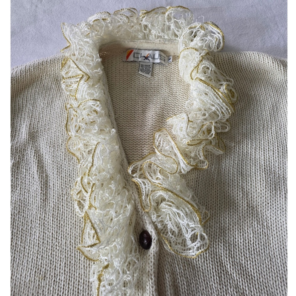 Vintage Chaus Romantic Cream Cardigan Med Oversized Crochet Ruffles Grandmacore - Picture 4 of 8